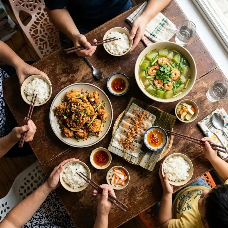Mâm cơm Gà rang muối canh cải bó xôi thịt băm