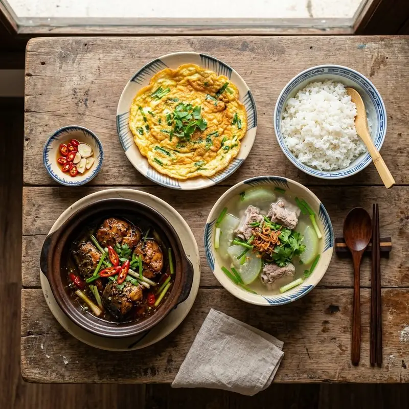 Mâm cơm Cá lóc kho tiêu canh cải thìa