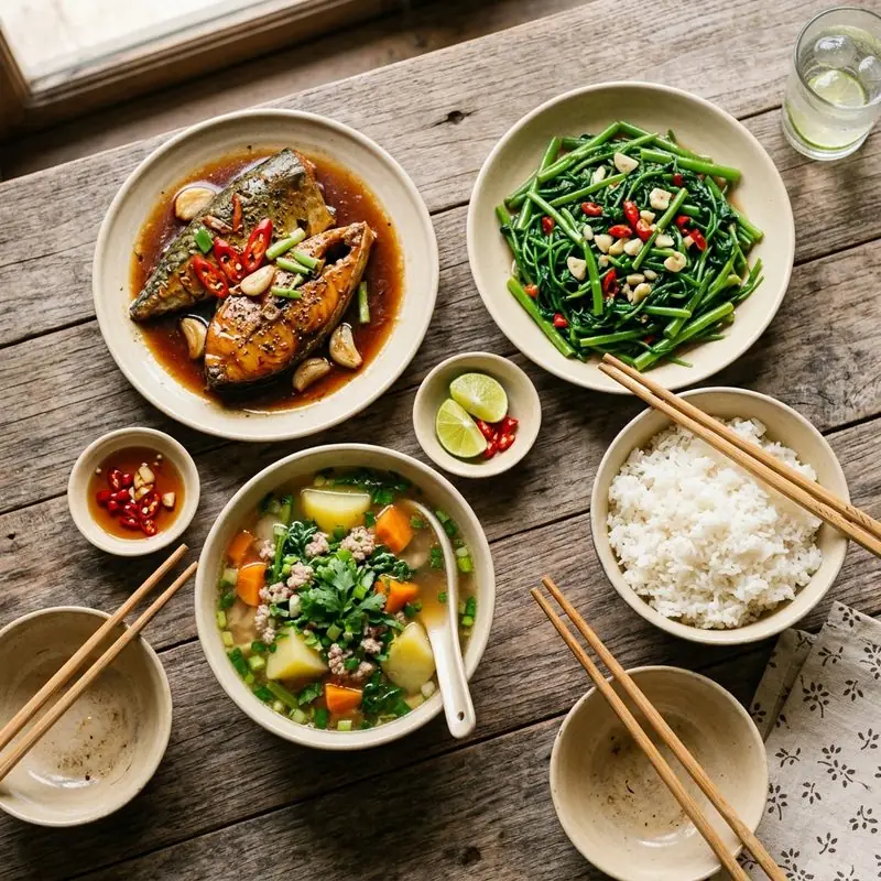 Mâm cơm Cá nục rim tỏi ớt canh mướp nấu hến