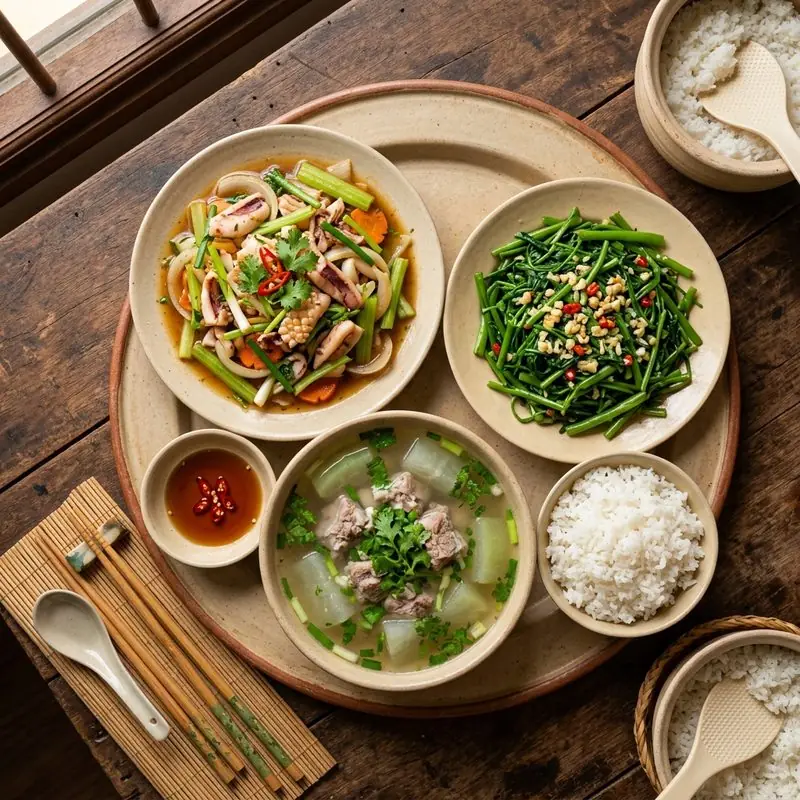 Mâm cơm Mực xào cần tây canh rau ngót thịt băm