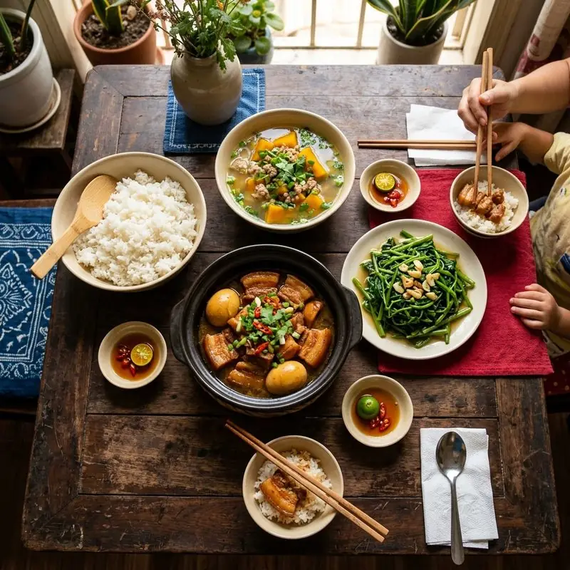 Mâm cơm Thịt kho tàu súp gà ngô