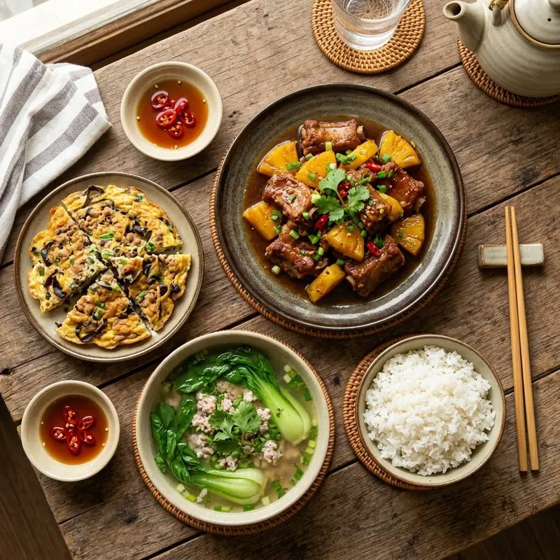 Mâm cơm Sườn kho dứa canh đậu hũ hẹ (chay)