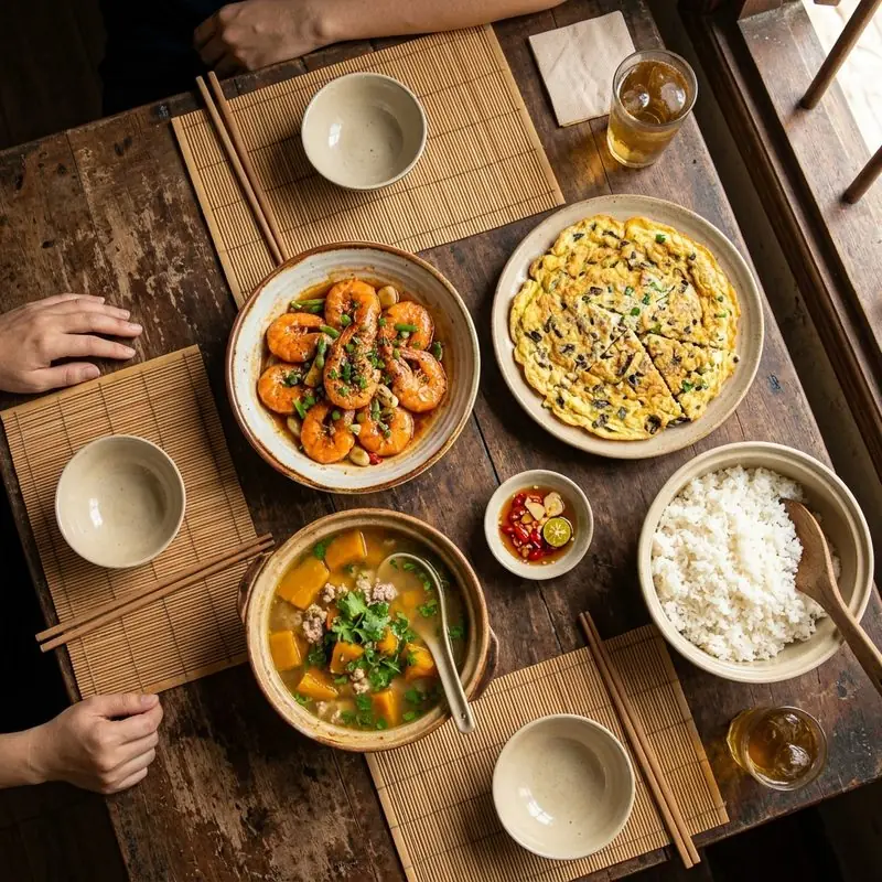 Mâm cơm Tôm rim canh chua thịt bằm