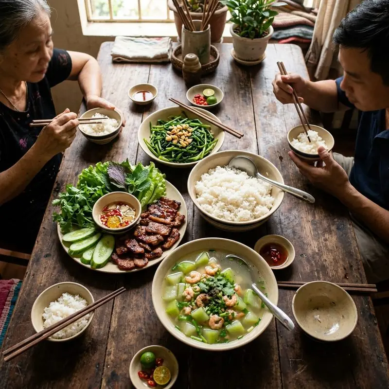 Mâm cơm Thịt nướng canh dưa chua thịt bò