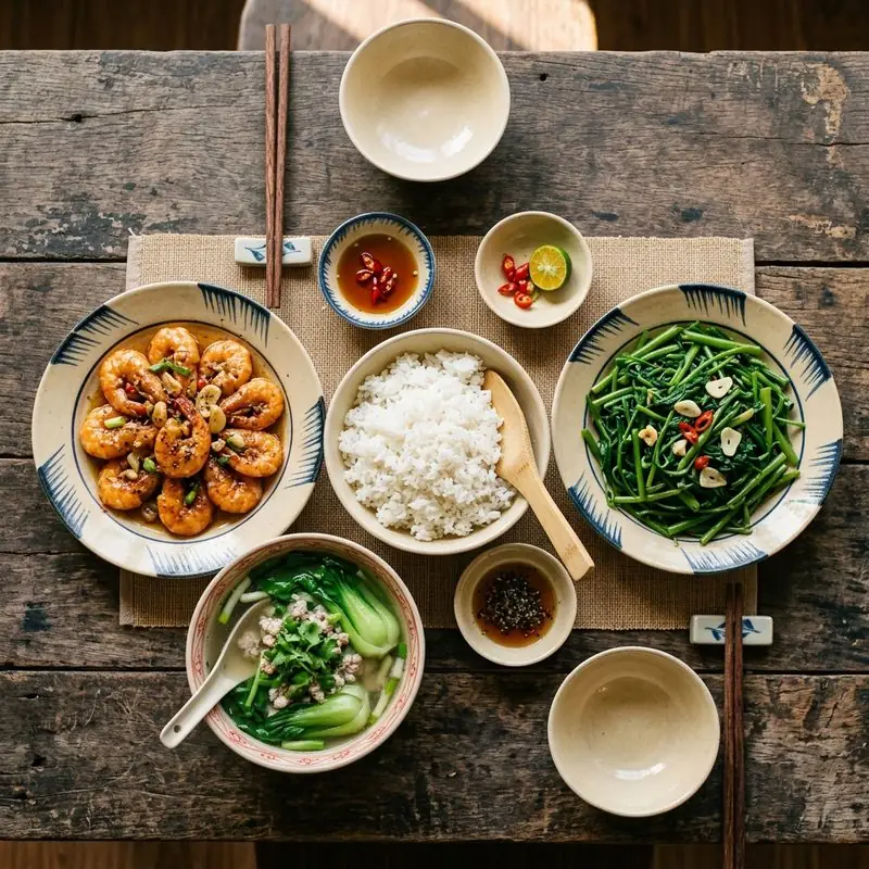Mâm cơm Tôm rim bơ tỏi canh cải cúc thịt băm