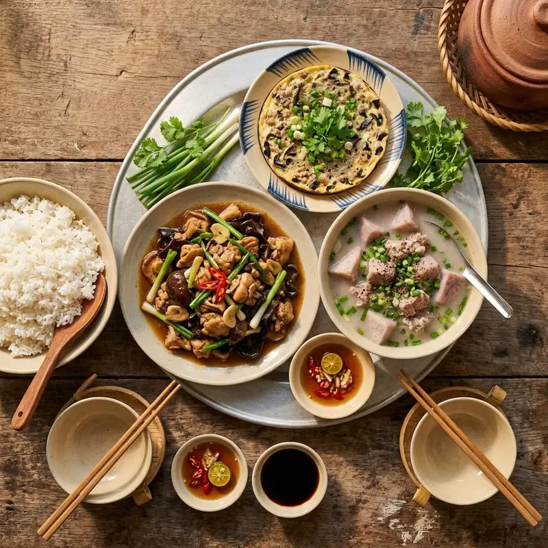 Mâm cơm Gà xào nấm canh cải xanh nấu cá