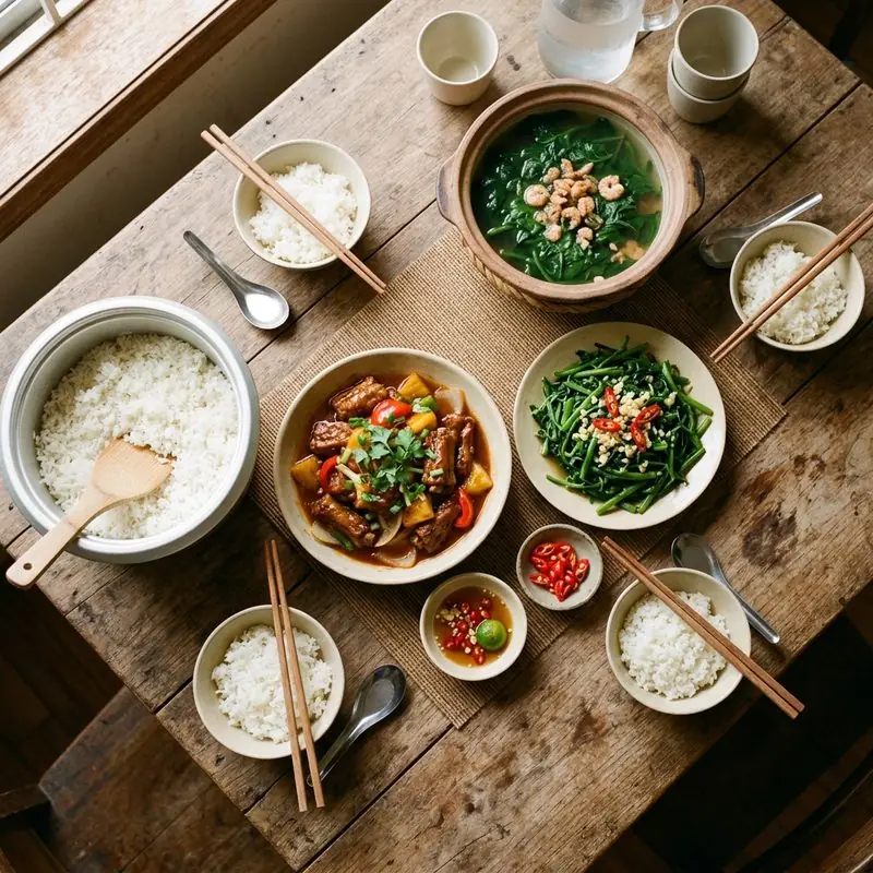 Mâm cơm Sườn xào chua ngọt súp gà ngô