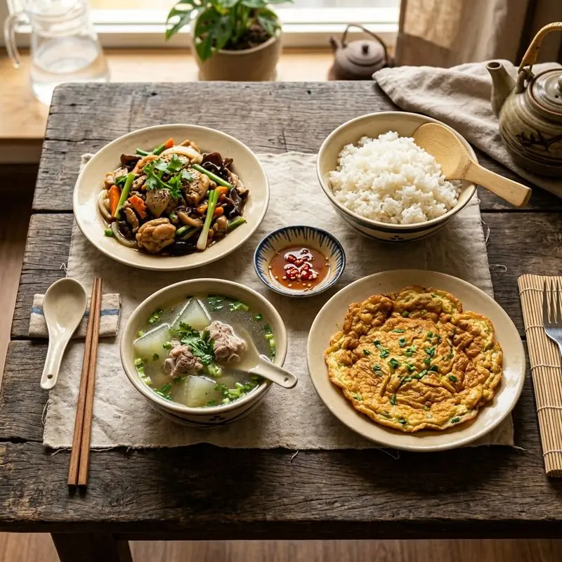 Mâm cơm Gà xào nấm canh khoai tây cà rốt