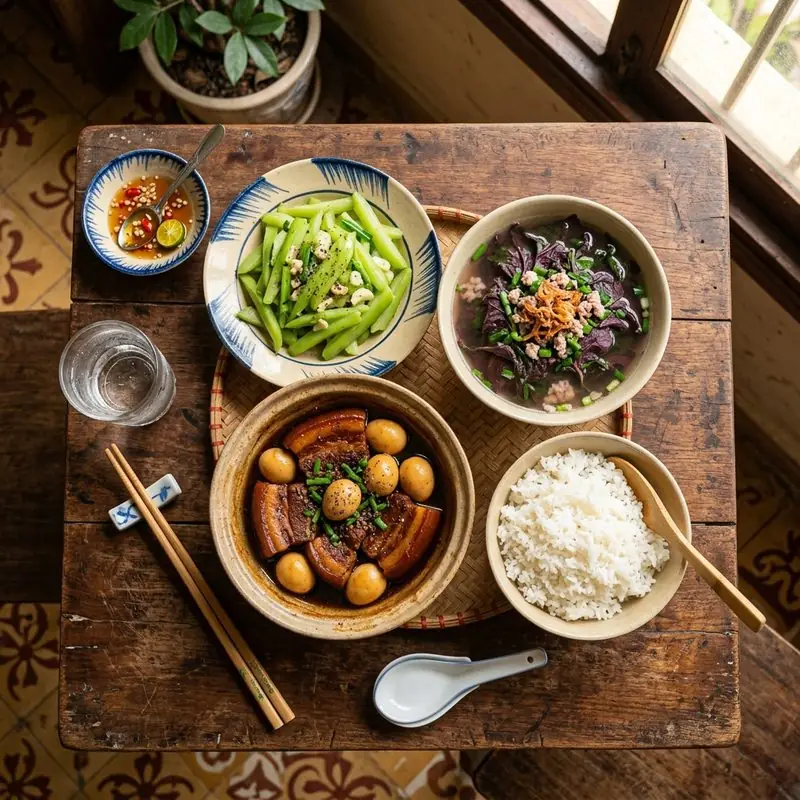 Mâm cơm Thịt kho trứng cút canh chua cá