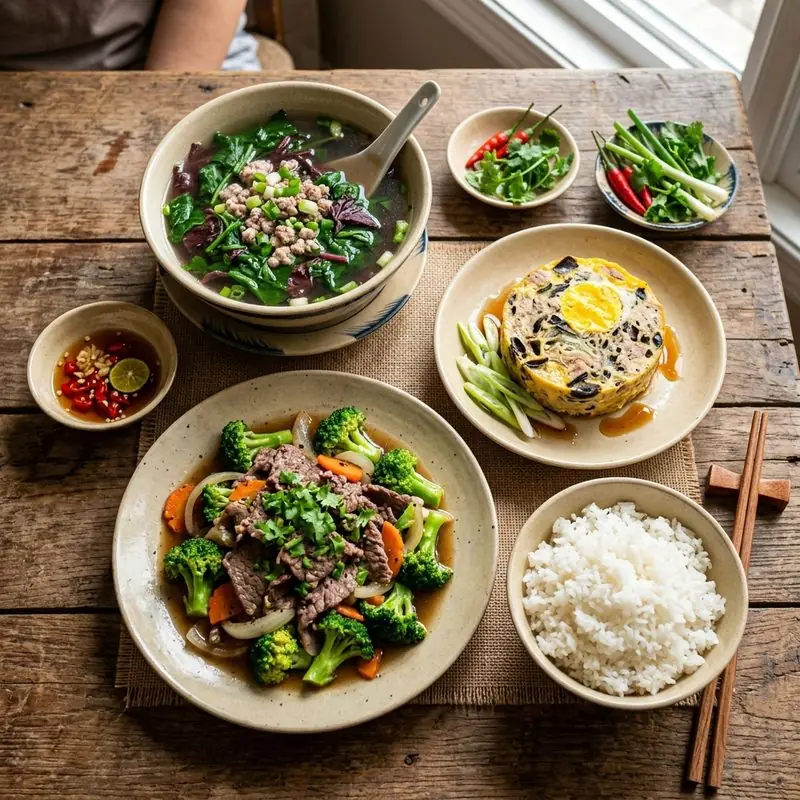 Mâm cơm Bò xào bông cải xanh canh khoai môn hầm xương