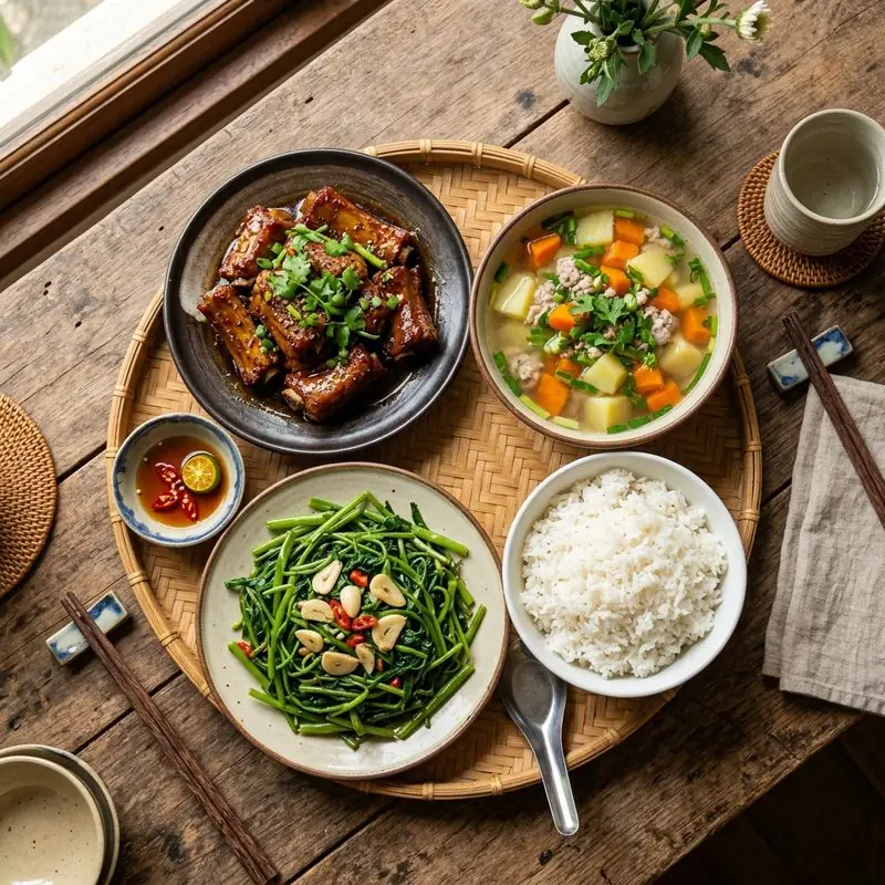 Mâm cơm Sườn kho nước dừa canh trứng cà chua