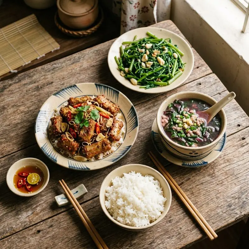 Mâm cơm Sườn rang sả ớt canh trứng cà chua