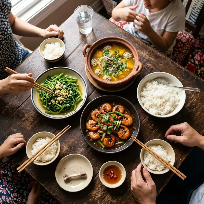 Mâm cơm Tôm rim canh măng chua
