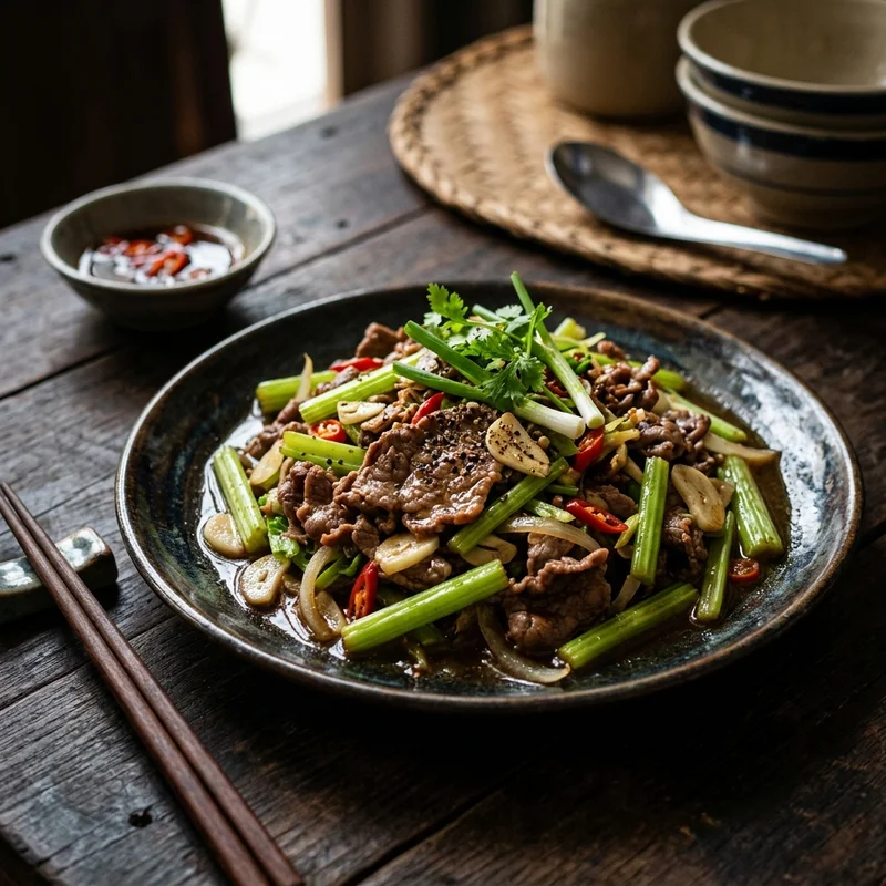 Mâm cơm Bò xào cần tỏi canh măng chua