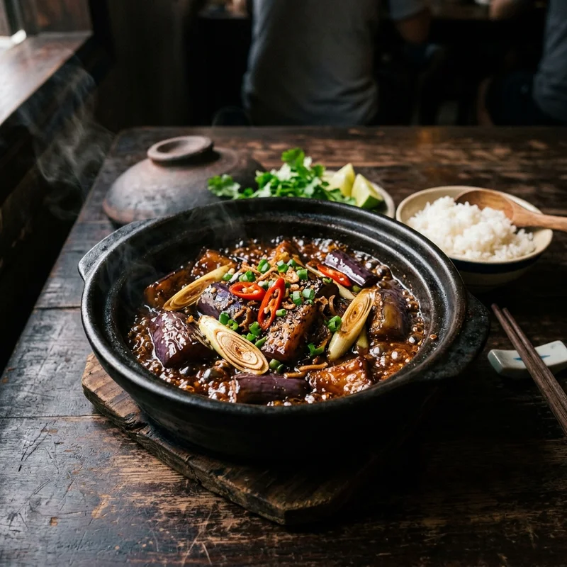 Mâm cơm Cà tím kho tộ chay súp gà ngô