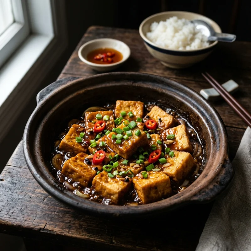 Mâm cơm Đậu phụ kho tương canh cải cúc thịt băm