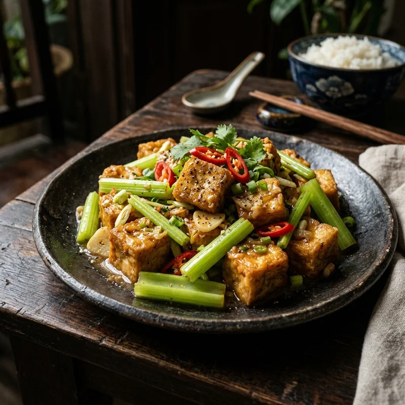 Mâm cơm Đậu phụ xào cần tỏi canh cá nấu ngót