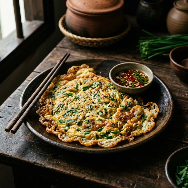 Mâm cơm Trứng chiên lá hẹ canh dưa chua thịt bò