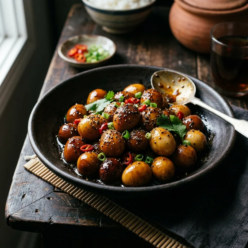 Mâm cơm Trứng cút kho tiêu canh chua thịt bằm