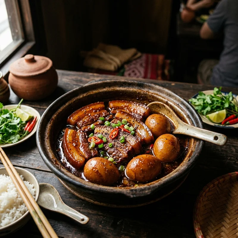 Mâm cơm Trứng kho thịt ba chỉ canh đậu hũ hẹ (chay)